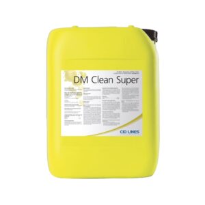 Żółty pojemnik z etykietą "DM Clean Super" marki CID LINES, przeznaczony do przechowywania środka czyszczącego.