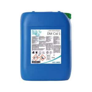Niebieski kanister z białą etykietą, na której widnieje napis "DM Cid S" oraz symbole ostrzegawcze. Produkt firmy CID LINES.