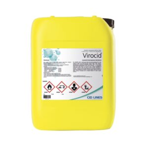 Żółty kanister z etykietą produktu "Virocid" firmy CID LINES, zawierający symbole ostrzegawcze dotyczące substancji łatwopalnej, żrącej, drażniącej i niebezpiecznej dla środowiska.