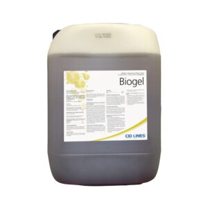 Kanister z etykietą Biogel firmy CID LINES, z nadrukiem w kilku językach i bąbelkowym wzorem na etykiecie.