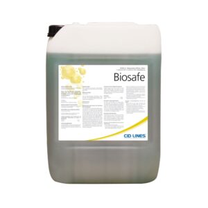 Kanister z płynem dezynfekującym marki Biosafe, z etykietą zawierającą tekst i logo CID LINES.