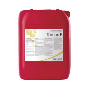 Czerwony pojemnik z etykietą zawierającą nazwę "Tornax E" i logo firmy CID LINES, na której widoczne są szczegółowe informacje tekstowe.