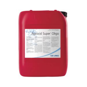 Czerwony kanister z etykietą "Agrocid Super Oligo" od firmy CID LINES, zawierający informacje techniczne i grafikę z kroplami wody.