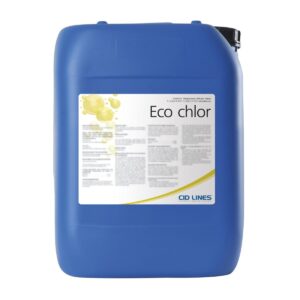Niebieski kanister z etykietą "Eco chlor" firmy CID LINES, zawiera teksty opisowe i bąbelki w tle.