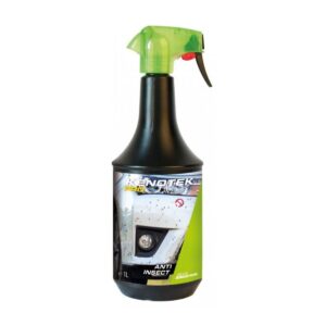 Spray Kenotek Pro Anti Insect o pojemności 1 litra z zielonym atomizerem, przeznaczony do usuwania owadów z powierzchni pojazdów. Etykieta przedstawia samochód pokryty owadami.