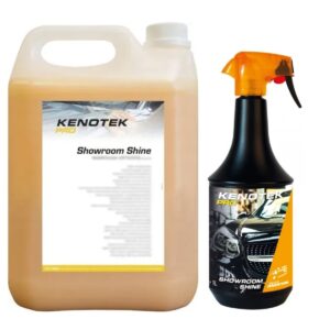 Kenotek Pro Showroom Shine, duży kanister oraz mniejsza butelka z atomizerem, przeznaczone do nabłyszczania karoserii samochodowej.