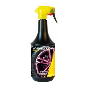 Butelka z płynem do czyszczenia felg z etykietą "Kenotek Pro Wheel Cleaner Ultra" i żółtym spryskiwaczem na górze. Etykieta pokazuje zdjęcie felgi oraz informacje o neutralnym pH produktu.