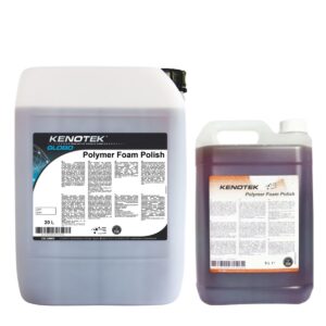 Dwa kanistry z płynem marki Kenotek, z etykietą "Polymer Foam Polish," znajdujące się obok siebie; większy ma pojemność 20 litrów, a mniejszy 5 litrów.