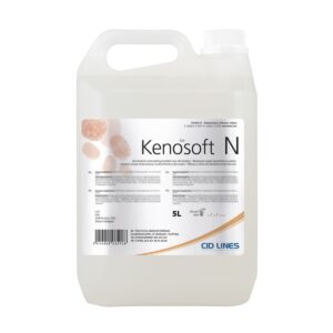 Kanister o pojemności 5 litrów z etykietą "Kenosoft N" firmy CID LINES, przeznaczony do dezynfekcji rąk, z widocznymi odciskami palców na etykiecie.