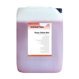 Biało-czerwony pojemnik z samochodowym preparatem polerskim marki Kenotek o nazwie "Super Polish Red". Pojemnik jest wypełniony różowym płynem i posiada etykietę z nazwą produktu.