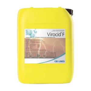 Żółty kanister z etykietą "Virocid F" od CID LINES, opisującą produkt jako silny, szerokospektralny środek dezynfekujący.