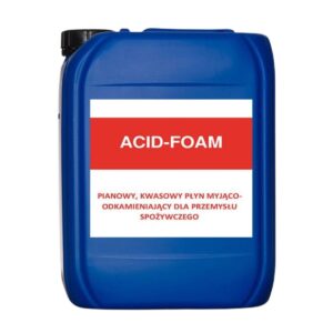 Niebieski plastikowy pojemnik z etykietą "ACID-FOAM" na czerwonym tle, poniżej tekst po polsku dotyczący pianowego, kwasowego środka myjącego dla przemysłu spożywczego.