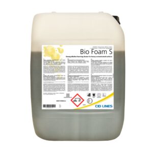 Pojemnik z etykietą "Bio Foam S" zawierającą informacje o produkcie, opisującym go jako silny alkaliczny środek czyszczący w formie piany do mocno zanieczyszczonych powierzchni. Na etykiecie znajdują się także symbole ostrzegawcze oraz logo CID LINES.
