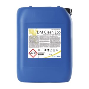 Niebieski pojemnik z etykietą środka czyszczącego "DM Clean Eco" o wadze 25 kg, produkowany przez CID LINES, przeznaczony dla branży spożywczej. Na etykiecie widoczne są piktogramy ostrzegawcze i informacje użytkowe.