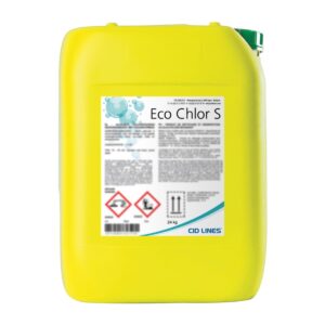 Żółty pojemnik z etykietą produktu "Eco Chlor S" marki CID LINES, zawierającą informacje o produkcie i znaki ostrzegawcze dotyczące substancji żrącej i niebezpiecznej dla środowiska.