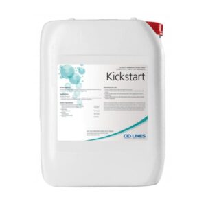 Biały pojemnik z etykietą zawierającą napisy "Kickstart" i "CID LINES" oraz grafiki z niebieskimi bąbelkami. Pojemnik ma czerwony korek w górnym rogu.