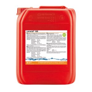 Czerwony pojemnik z etykietą produktu Leracid 169, zawierającą informacje w kilku językach. Produkt jest przeznaczony do przemysłu spożywczego.