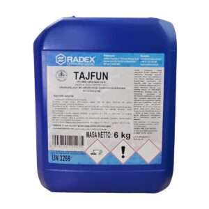 Niebieski pojemnik z etykietą „TAJFUN” zawierający środek chemiczny do udrażniania i czyszczenia instalacji kanalizacyjnych, o masie netto 6 kg, z symbolami ostrzegawczymi.
