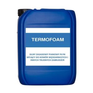 Niebieski kanister z etykietą "TERMOFOAM", zawiera silny zasadowy, pianowy płyn myjący do komór wędzarniczych i trudnych zabrudzeń.