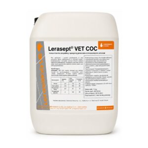 Biały pojemnik z etykietą produktu Lerasept VET COC, koncentratu do dezynfekcji przeciwko endopasożytom zwierząt, zawierający instrukcje użycia i informacje o składzie. Logo Stockmeier Chemie znajduje się w prawym górnym rogu etykiety.