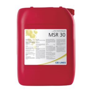 Czerwony pojemnik z etykietą z napisem "MSR 30" i logo CID LINES, zawierający informacje produktowe w kilku kolumnach.