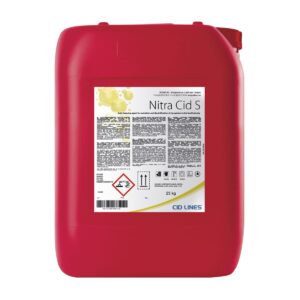 Czerwony pojemnik z etykietą "Nitra Cid S" zawiera ostrzeżenie o substancji drażniącej i żrącej, pojemność 25 kg, z informacjami o zastosowaniu w przemyśle spożywczym.