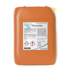 Plastikowy kanister o pojemności 20 litrów z etykietą "Peroxides" i oznaczeniami ostrzegawczymi na białym tle, producent CID LINES.