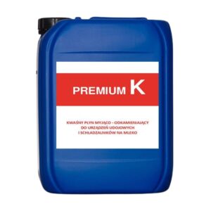Niebieski kanister z etykietą "PREMIUM K" oraz informacją o kwaśnym płynie myjąco-odkamieniającym do urządzeń udojowych i schładzalników na mleko.