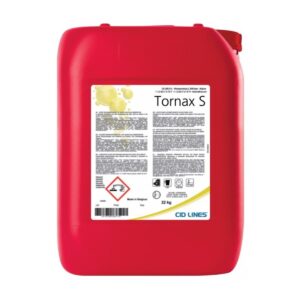 Czerwony pojemnik o pojemności 22 kg z etykietą „Tornax S” firmy CID LINES; zawiera ostrzeżenie o niebezpieczeństwie chemicznym.
