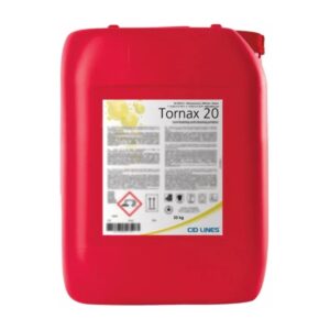 Czerwony pojemnik z etykietą Tornax 20, chemikalium do czyszczenia o masie 22 kg od marki CID LINES, z piktogramem ostrzegawczym.