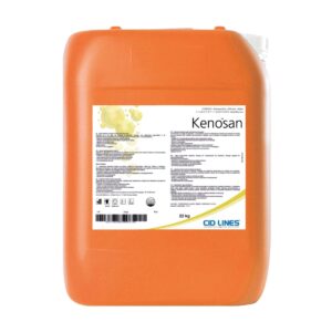 Duży, pomarańczowy pojemnik z białą etykietą zawierającą nazwę "Kenosan" i logo "CID LINES", waży 22 kg.
