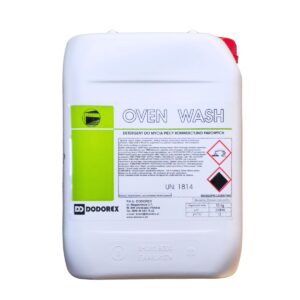 Plastikowy pojemnik z czerwoną nakrętką zawiera detergent do mycia pieców konwekcyjno-parowych, oznaczony napisem "OVEN WASH" i symbolami ostrzegawczymi. Na etykiecie widnieje logo firmy Dodorex oraz szczegółowe informacje o produkcie.