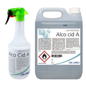 Zestaw butelek z białym płynem dezynfekującym Alco Cid A, w tym spray z zielonym dozownikiem i kanister o pojemności 5 litrów. Na etykietach widoczny jest symbol ostrzegawczy dotyczący łatwopalności.