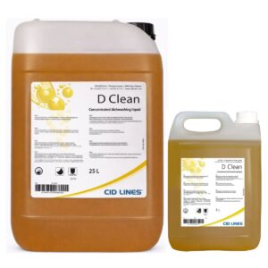 Kanistry z płynem do mycia naczyń D Clean marki CID LINES, większy pojemnik ma 25 litrów, a mniejszy 5 litrów, oba mają etykiety z głównymi informacjami na froncie.