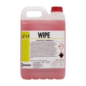 Czerwony kanister z uniwersalnym odtłuszczaczem "WIPE" i etykietą zawierającą instrukcje w języku polskim oraz piktogramy ostrzegawcze. Produkt ma pojemność 5 kg i jest produkowany przez firmę Dodorex.