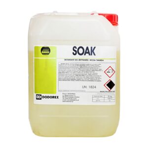 Kanister z żółtym płynem o pojemności 10 kg z etykietą "SOAK" i informacją, że jest to detergent do zmywarek przeznaczony do twardej wody. Etykieta zawiera oznaczenia ostrzegawcze oraz dane producenta, firmę DODOREX.