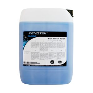 Kanister z niebieskim płynem oznaczony jako "Kenotek Globo Blue Brilliant Polish", bez silikonu i olejów mineralnych, o pojemności 20 litrów. Etykieta zawiera informacje w kilku językach.