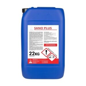 Niebieski kanister z etykietą "SANO PLUS" zawiera informacje o produkcie, masę netto 22 kg oraz symbole ostrzegawcze wskazujące na zagrożenia chemiczne.