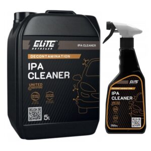 Kanister i butelka sprayu z czystym IPA Cleanerem marki Elite Detailer do dekontaminacji, przeznaczonym do użycia na lakierach samochodowych, o pojemności odpowiednio 5 litrów i 750 ml.