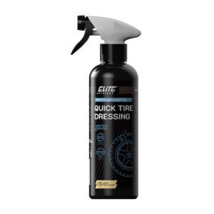 Spray do pielęgnacji opon "Elite Detailer Quick Tire Dressing" z dyszą rozpylającą; etykieta informuje o zastosowaniu do kół i tworzyw sztucznych oraz o zapachu Pina Colada.