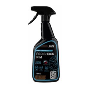 Spray do czyszczenia felg i plastiku marki Elite Detailer o nazwie "Red Shock Rim" znajduje się w czarnej butelce z aplikatorem, o pojemności 750 ml, z informacją o kawowym zapachu.