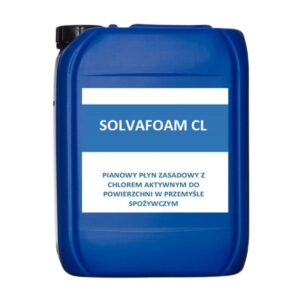 Niebieski pojemnik z etykietą "SOLVAFOAM CL" zawierającą opis produktu jako alkaliczny płyn pianowy z aktywnym chlorem do powierzchni w przemyśle spożywczym.