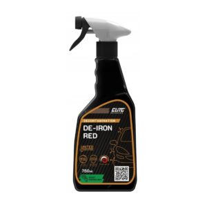 Czarna butelka ze spryskiwaczem, zawierająca środek do dekontaminacji "DE-IRON RED" o pojemności 750 ml, marki Elite Detailer, z miętowym zapachem. Etykieta informuje, że produkt jest gotowy do użycia i bezpieczny dla lakieru samochodowego.