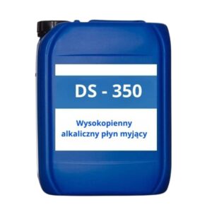 Niebieski kanister z etykietą "DS - 350", opisany jako wysoko-pieniący, alkaliczny płyn myjący.