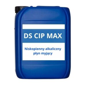 Niebieski pojemnik z białą etykietą z napisem "DS CIP MAX" oraz opisem "Niskopienny alkaliczny płyn myjący".