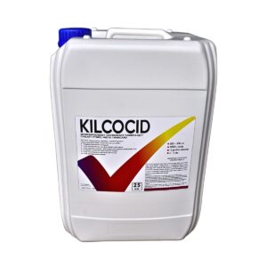 Biały kanister z niebieskim korkiem, oznaczony etykietą z napisem "KILCOCID", zawierający informacje o produkcie i jego zastosowaniu. Produkt ma 25 kg i jest skoncentrowanym zakwaszaczem.