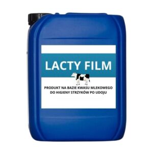 Niebieski kanister z etykietą "LACTY FILM", ilustruje produkt na bazie kwasu mlekowego do higieny strzyków po udoju, na etykiecie znajduje się rysunek krowy.