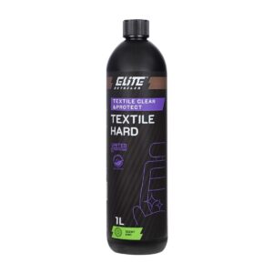 Czarny pojemnik z etykietą "Elite Details Textile Hard" do czyszczenia i ochrony tkanin, o pojemności 1 litra, z zapachem kiwi. Na etykiecie widoczny jest rysunek samochodowego siedzenia.