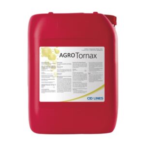 Czerwony kanister z etykietą AGRO Tornax firmy CID LINES, zawierający szczegółowy opis i instrukcje po angielsku.