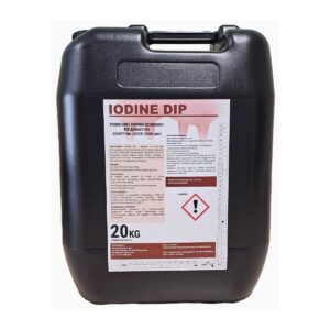 Czarny kanister o pojemności 20 kg z etykietą z napisem "IODINE DIP" oraz informacjami w języku polskim dotyczącymi zastosowania i ostrzeżeniami. Etykieta zawiera również symbol ostrzegawczy w czerwonym rombie.